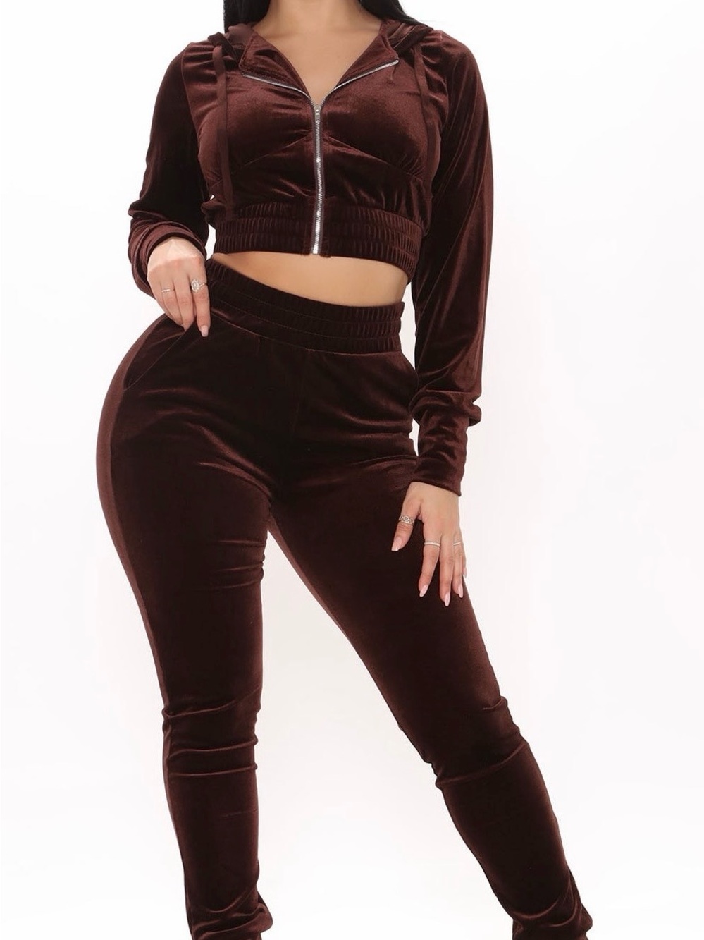 Fashion Nova Velvet Zip Hoodie & Jogger Set - Dark Brown